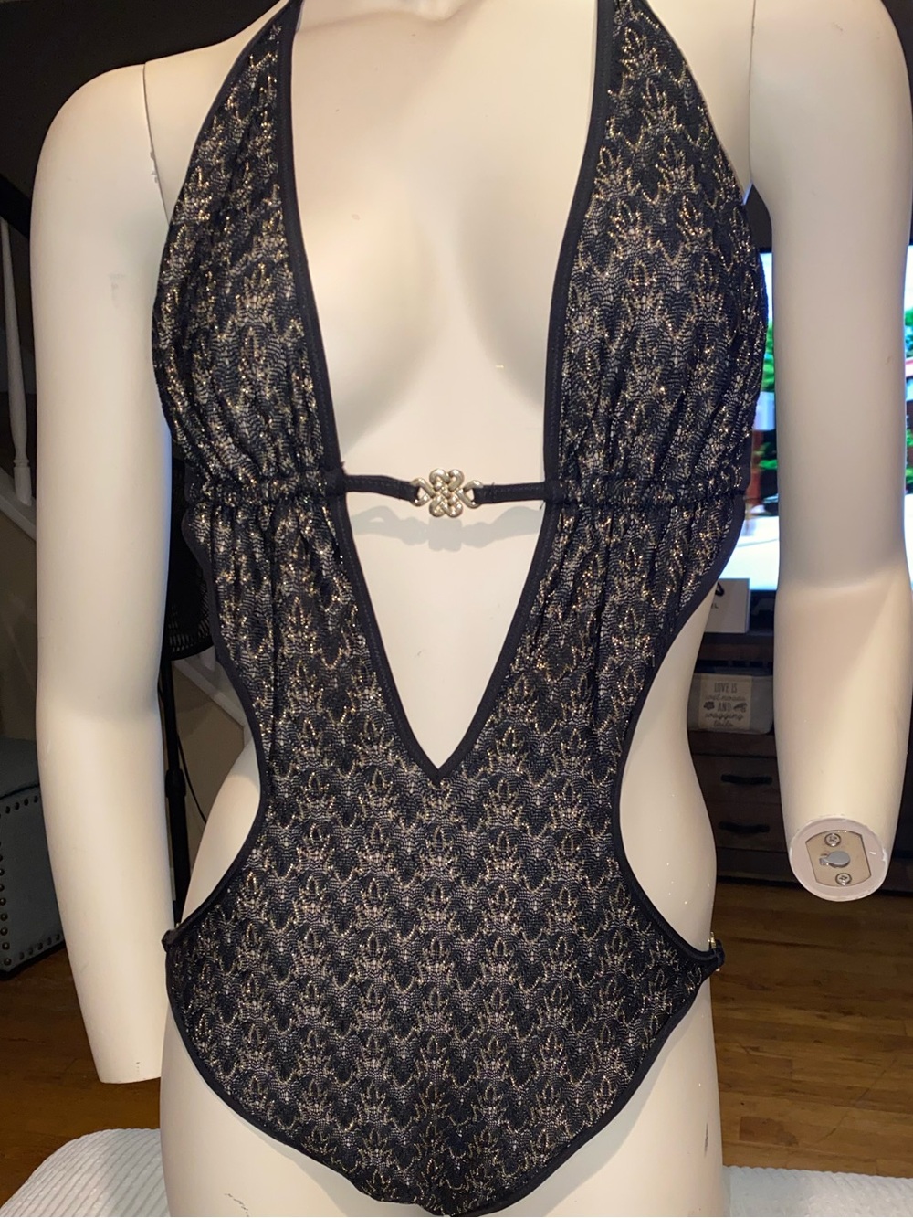 Victoria's Secret Black Lace Plunge One-Piece with Silver Accent